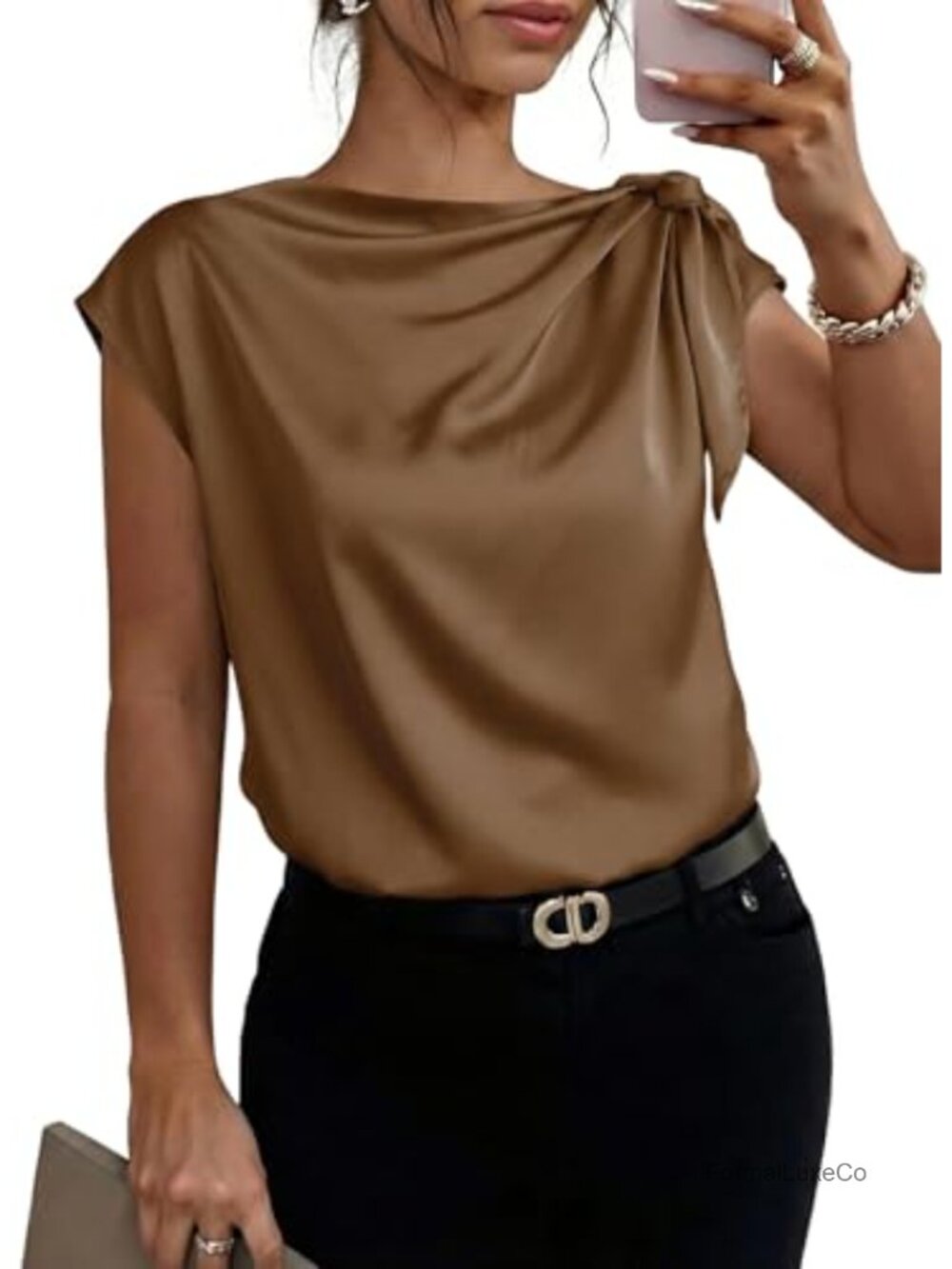 Womens Satin Blouse Cowl Neck Short Sleeve Dressy Casual Top